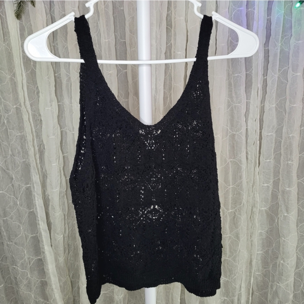 a new day Black Knit Crochet Open Work Tank Top L B Cover Up Boho Coastal Resort - Picture 2 of 5